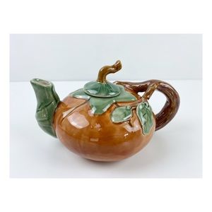 Vintage Pumpkin Teapot Ceramic Bisque Porcelain Halloween